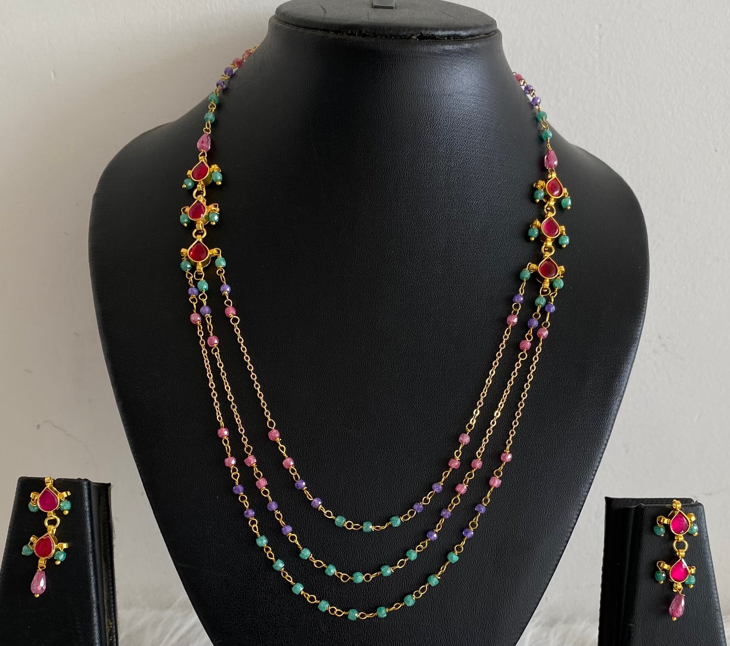 Antique gold tone pink stone beaded multi layer necklace set dj-54175