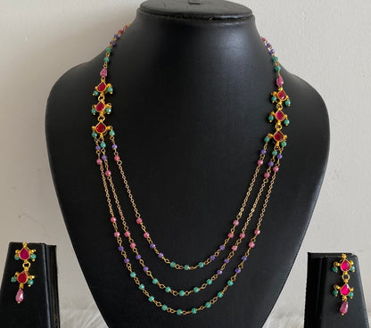 Antique gold tone pink stone beaded multi layer necklace set dj-54175