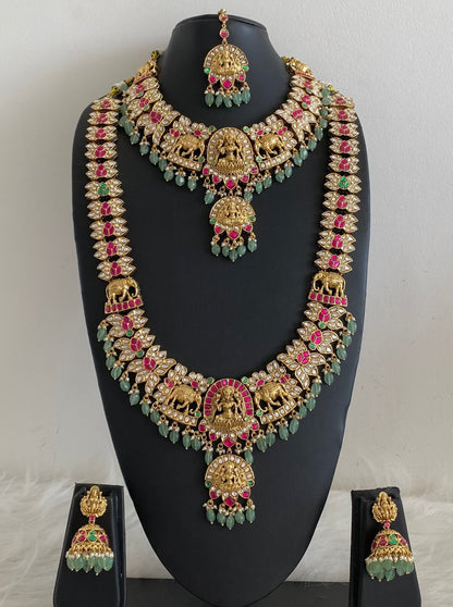 Antique gold tone kundan jadau gaja lakshmi green beaded bridal set dj-54564