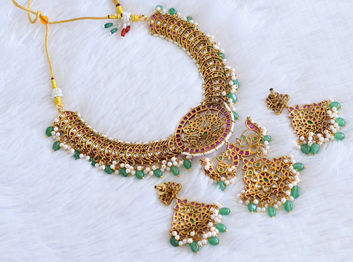 Antique gold tone ruby kundan peacock flower necklace set dj-53023