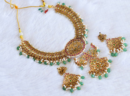 Antique gold tone ruby kundan peacock flower necklace set dj-53023