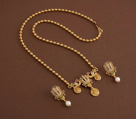 Antique gold tone 18 inches chain thirumal nama-peacock-lakshmi pendant set dj-55008