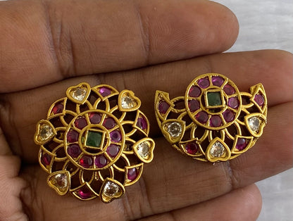 Antique gold tone small kemp-green-white flower sun moon hair jewel dj-53657