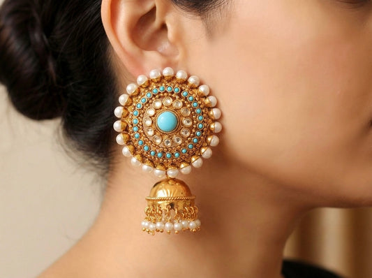 Antique gold tone turquoise round top jhumkka-dj07189