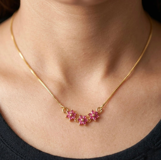Gold tone ruby flower necklace dj-53102