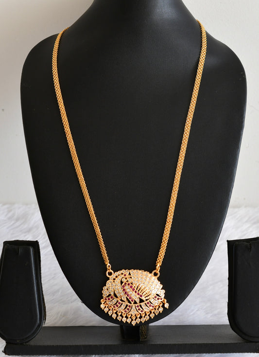 Gold tone AD pink-white peacock pendant with chain dj-53318