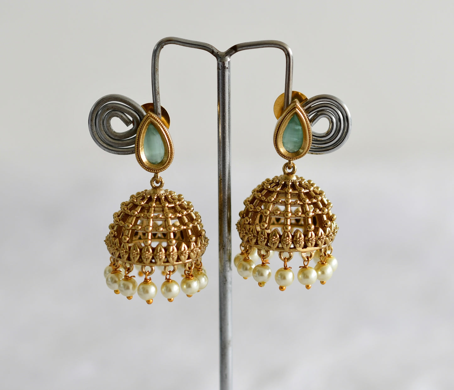 Antique gold tone sea green thilak stone pearl jhumkka dj-51855
