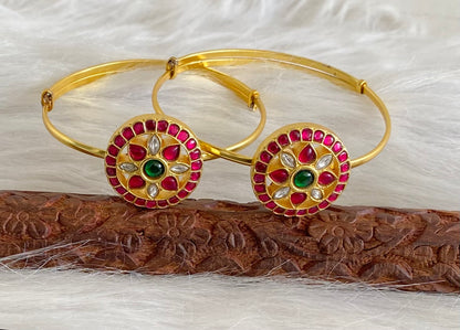 Gold tone kundan jadau kemp-green-white round flower baju band dj-53837