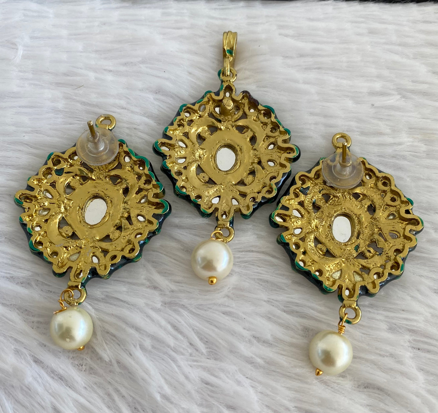 Antique gold tone meenakari Kundan pacchi  pendent set dj-52962