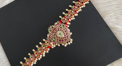 Gold tone precious kemp-green-white pearl peacock waist band dj-54691