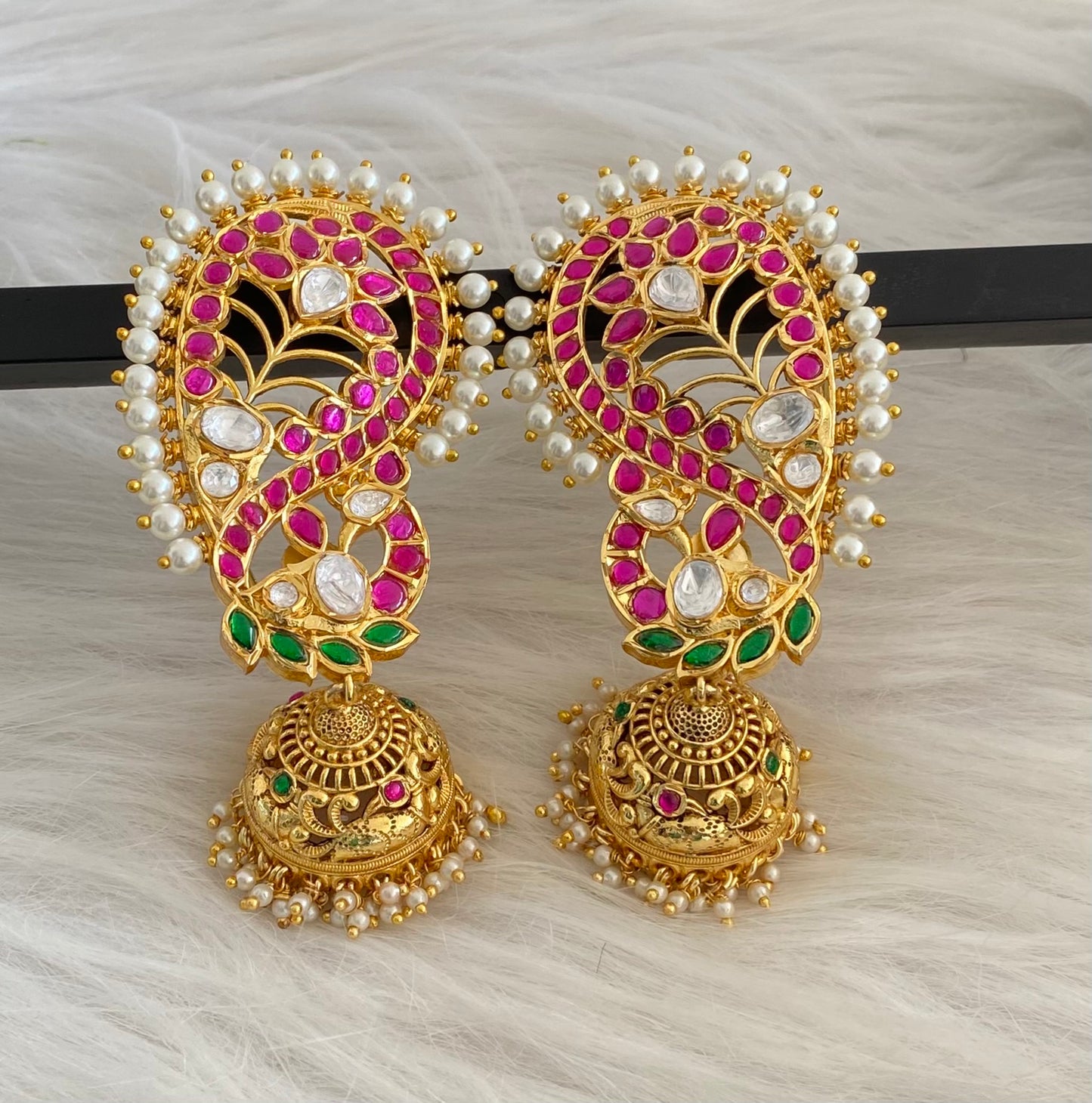 Gold tone kundan jadau big peacock khanpool jhumkka dj-53579