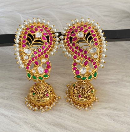Gold tone kundan jadau big peacock khanpool jhumkka dj-53579