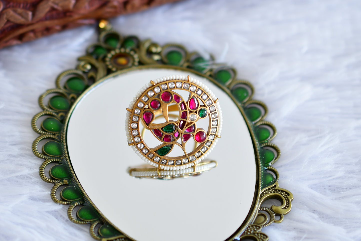 Gold tone pink-green-pearl kundan jadau round peacock finger ring dj-52367
