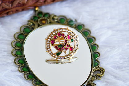 Gold tone pink-green-pearl kundan jadau round peacock finger ring dj-52367