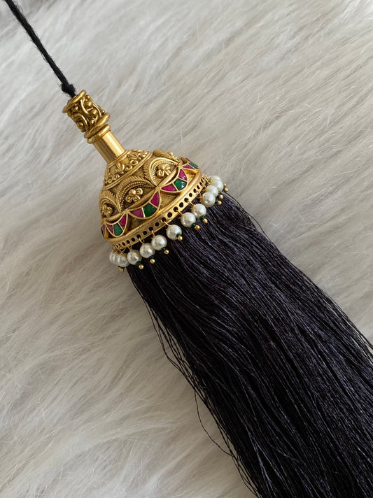 Matte finish kundan jadau pink-green stone pearl bridal kuppulu(Hair accessory) dj-55074