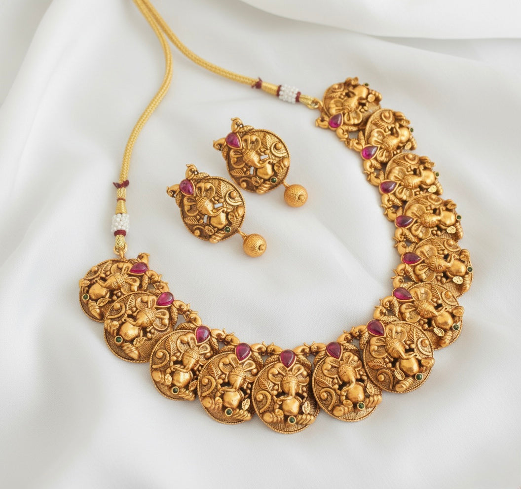 Matte Finish Kemp-green Ganesha Necklace Set DJ25581