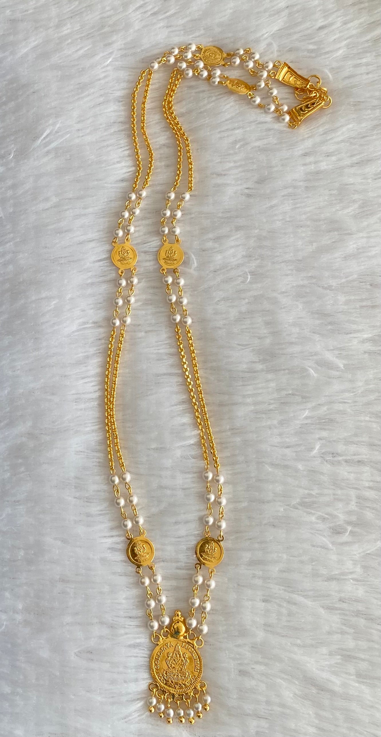 Gold tone lakshmi coin with pearl chain dj-53145
