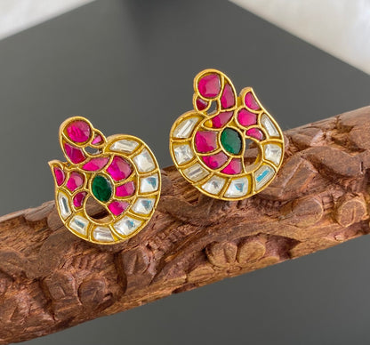 Gold tone pink-green-white stone swan kundan jadau earrings dj-53584