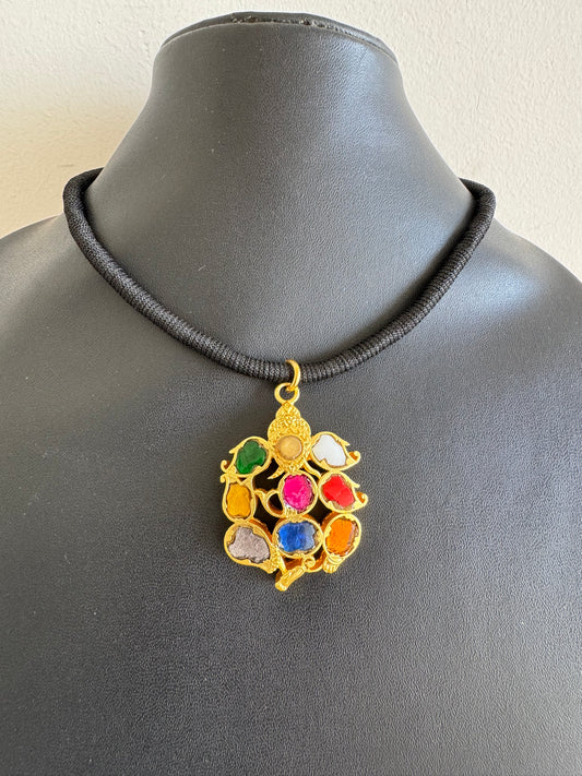 Gold tone black thread ganesha navarathna kundan jadau necklace dj-52505