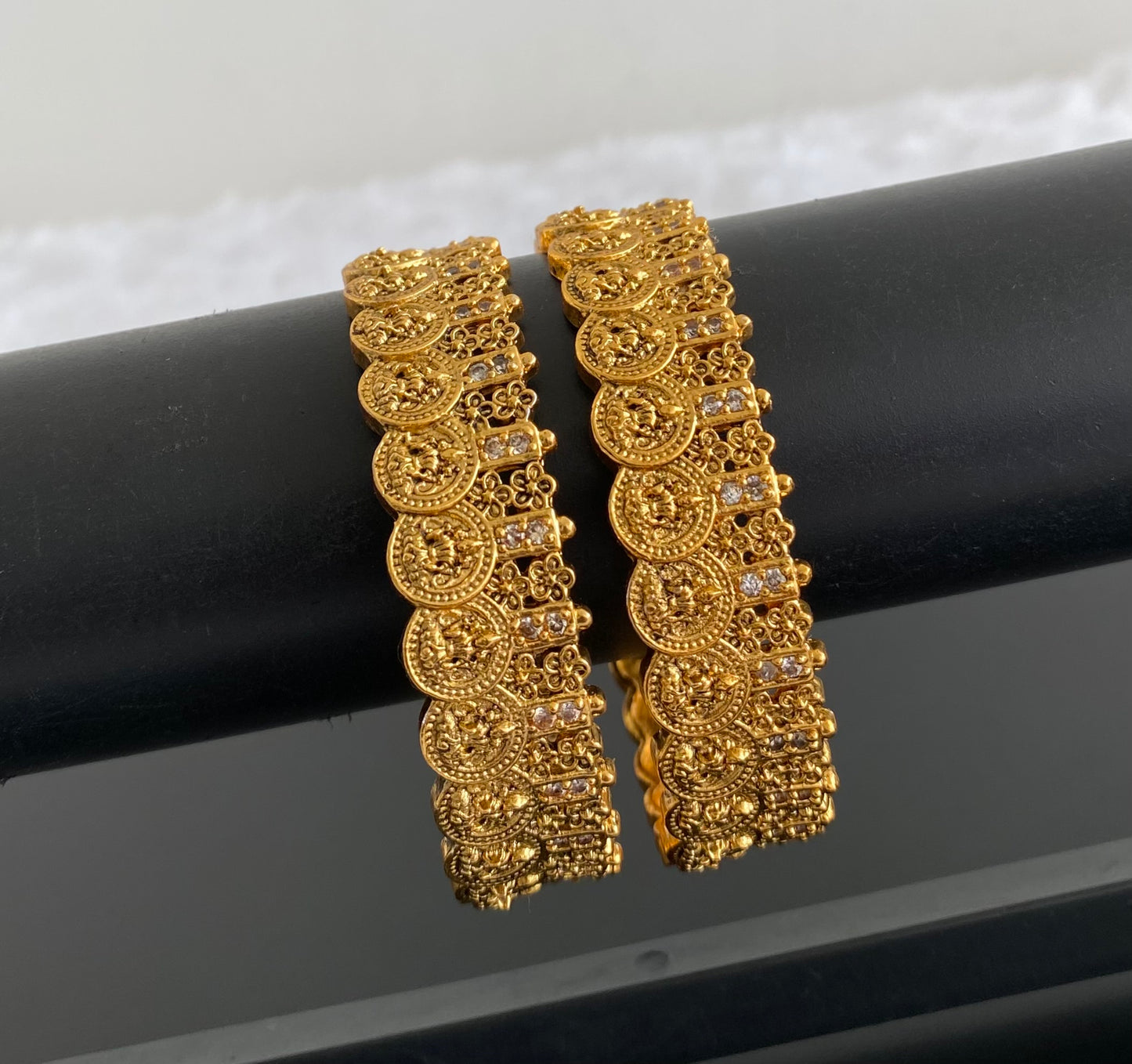 Antique gold tone white stone flower lakshmi coin bangles(2.4) dj-53412