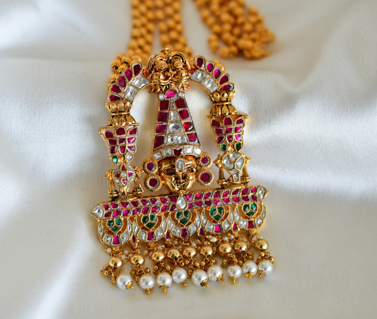 Gold tone pink-green kundan jadau Shri Thirumal necklace dj-52577