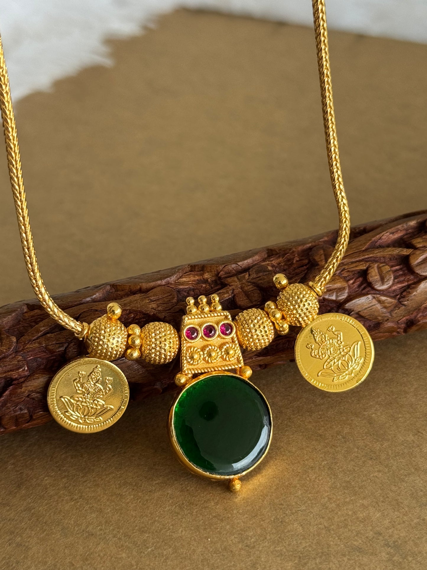Gold tone pink-green kerala style round kodi Lakshmi coin necklace dj-51707