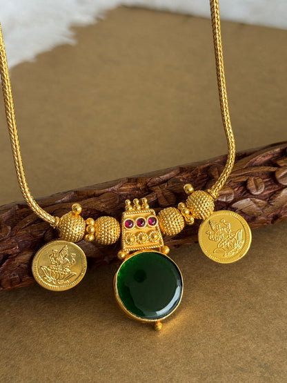 Gold tone pink-green kerala style round kodi Lakshmi coin necklace dj-51707