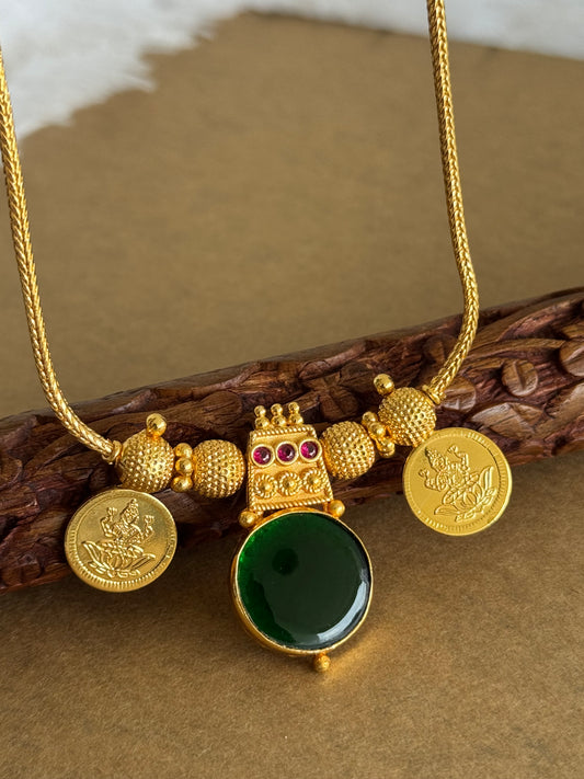 Gold tone pink-green kerala style round kodi Lakshmi coin necklace dj-51707