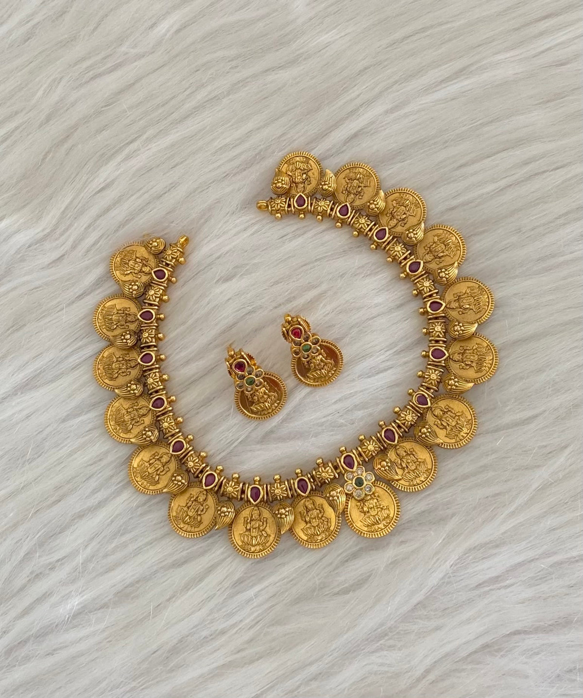 Matte finish mango lakshmi coin necklace set dj-54765