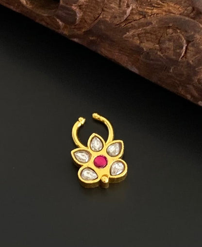 Gold tone kundan jadau pink-white stone flower nose pin/bulakku dj-53778