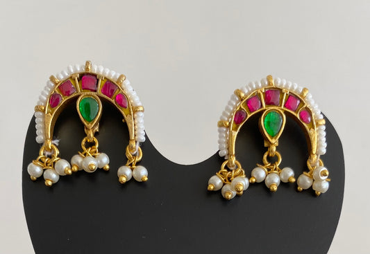 Gold tone pink-green kundan jadau pearl moon bugadi earrings dj-53665