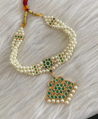 Gold tone precious kemp-green pearl reversible flower choker necklace dj-53935