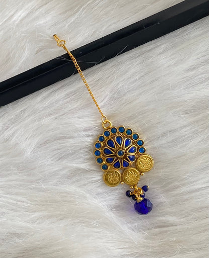 Gold tone blue stone lakshmi coin tikka dj-54793