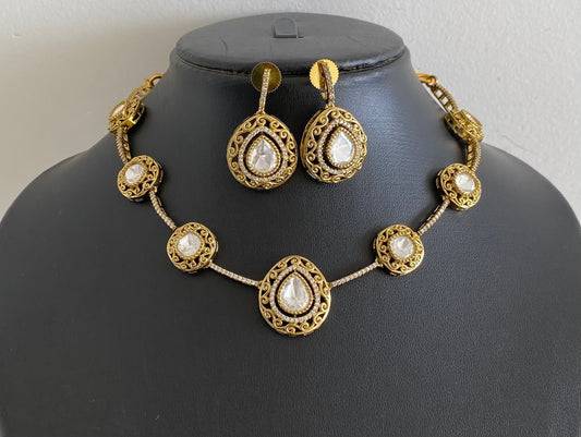 Dark antique finish white stone necklace set dj-54238
