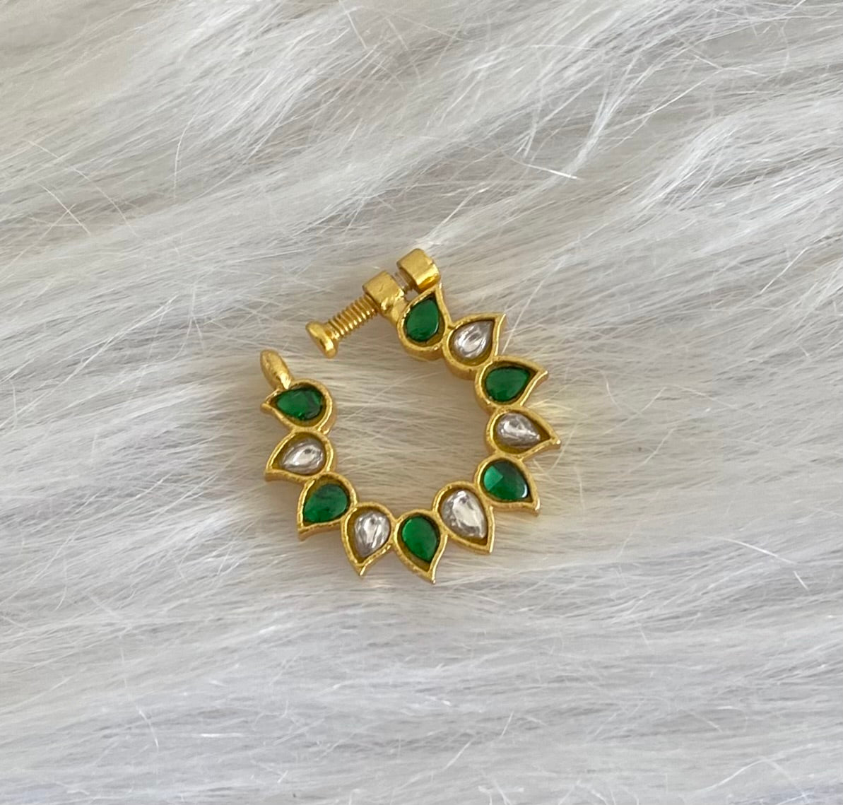 Gold tone kundan jadau white-green nose pin dj-53709