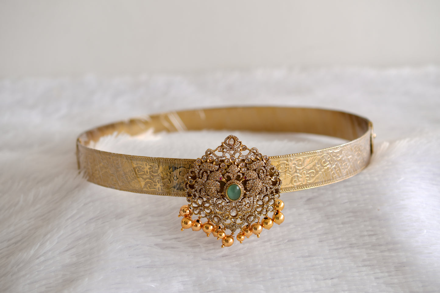 Antique gold tone cz sea green peacock flower waist band dj-52676