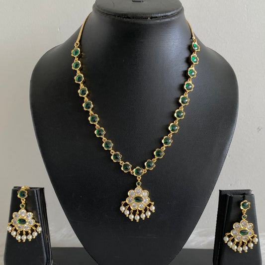 Gold tone green-white stone pearl necklace set dj-54235