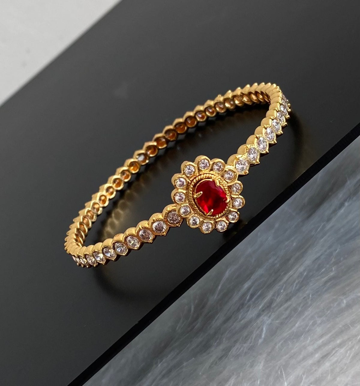 Gold tone AD white red stone diamond look alike bangle/kada(2.10) Dj-54866