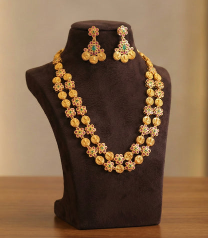 Matte finish ruby-green double layer lakshmi flower necklace set DJ25573