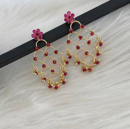 Gold tone ruby stone marron beaded long earrings dj-54645