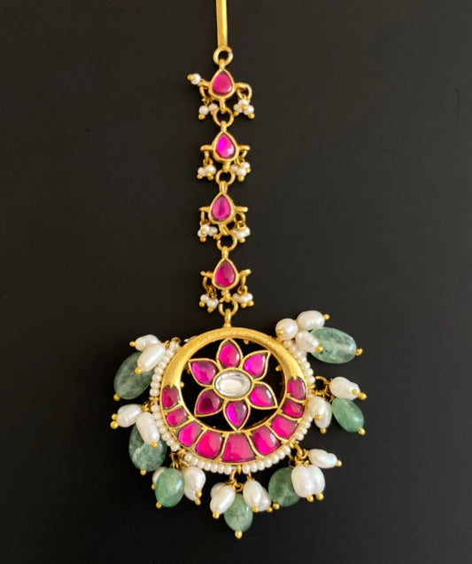 Gold tone kundan jadau pink-white flower tikka dj-53515