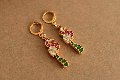 Gold tone pink-green-white kundan jadau peacock hook earrings dj-51990