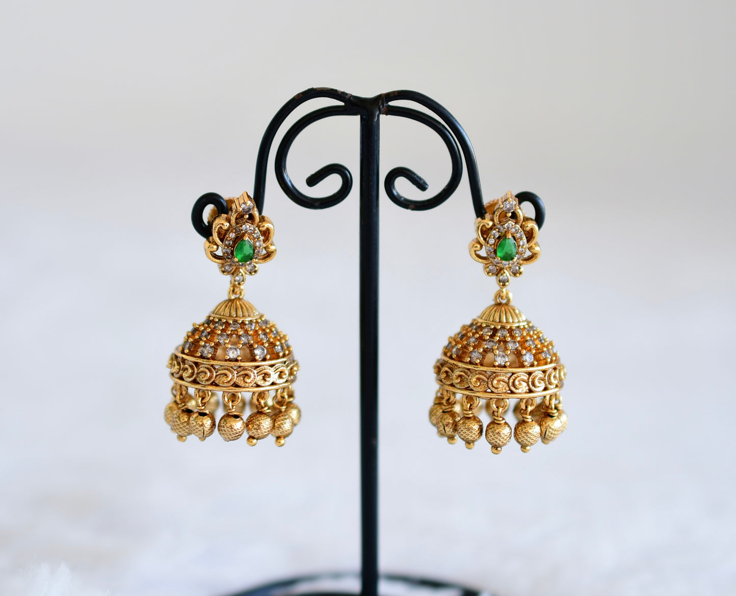 Antique gold tone cz green jhumkka dj-52547
