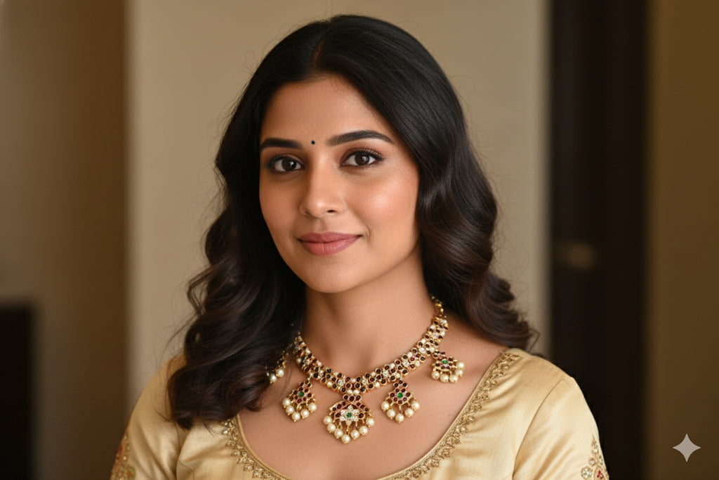 Gold tone precious kemp-green-white pearl necklace dj-52256