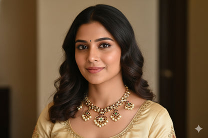 Gold tone precious kemp-green-white pearl necklace dj-52256