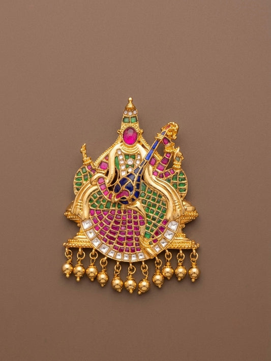 Antique gold tone pink-green-blue-white ma saraswathi kundan jadau pendant dj-46031