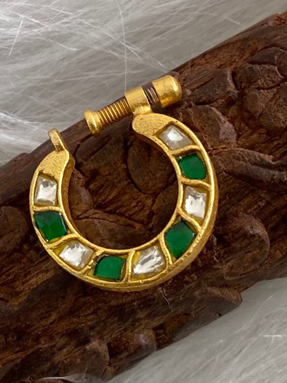 Gold tone kundan jadau green-white stone nose pin dj-53723
