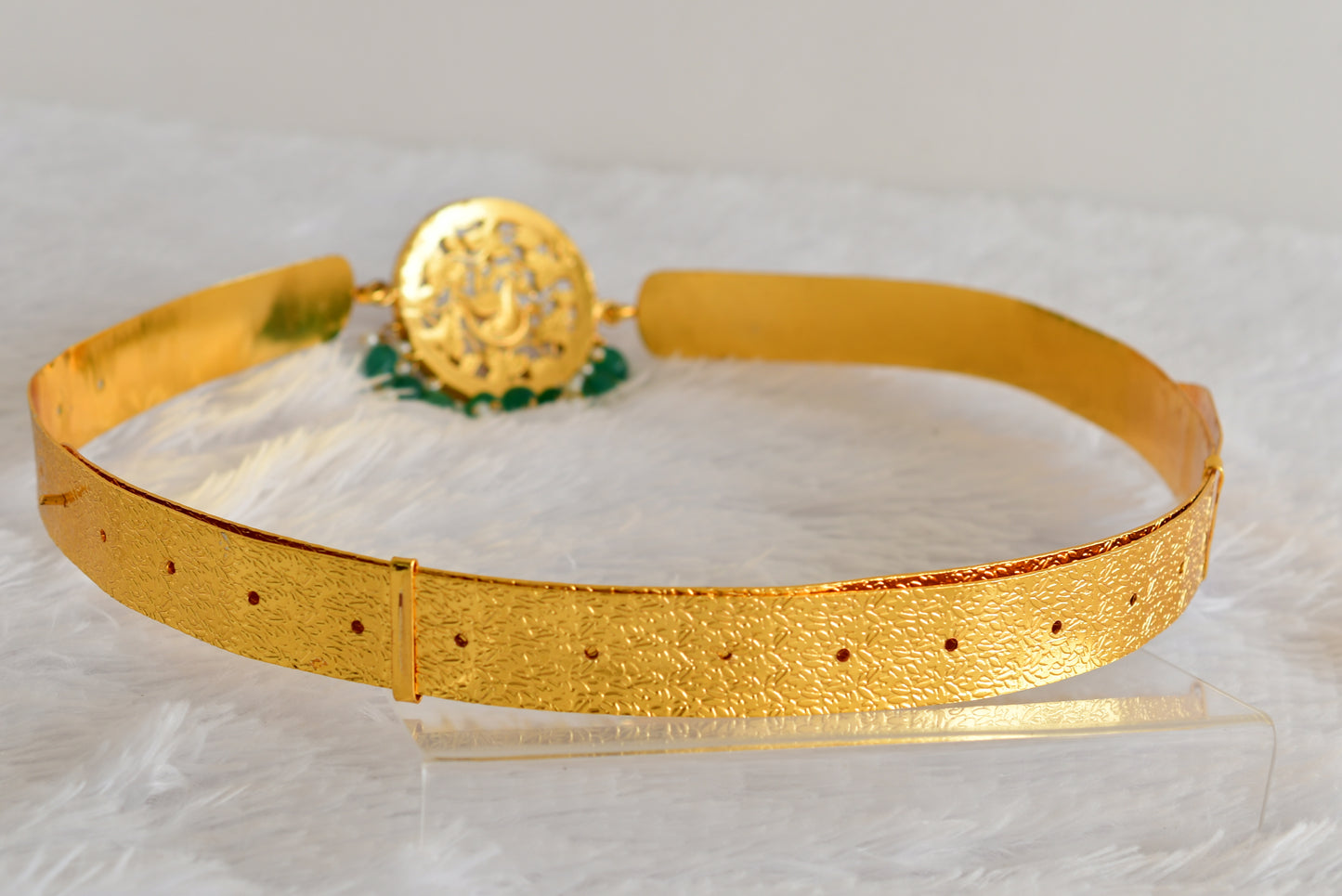 Gold tone pink-green-white kundan jadau Peacock mango waist band dj-52174