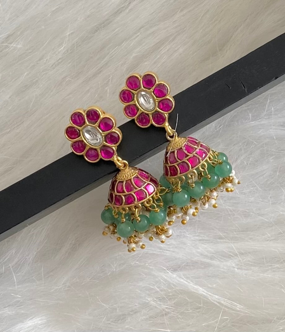 Gold tone pink-white stone kundan jadau green beaded jhumkka  dj-54586
