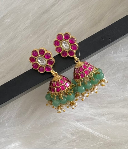 Gold tone pink-white stone kundan jadau green beaded jhumkka  dj-54586